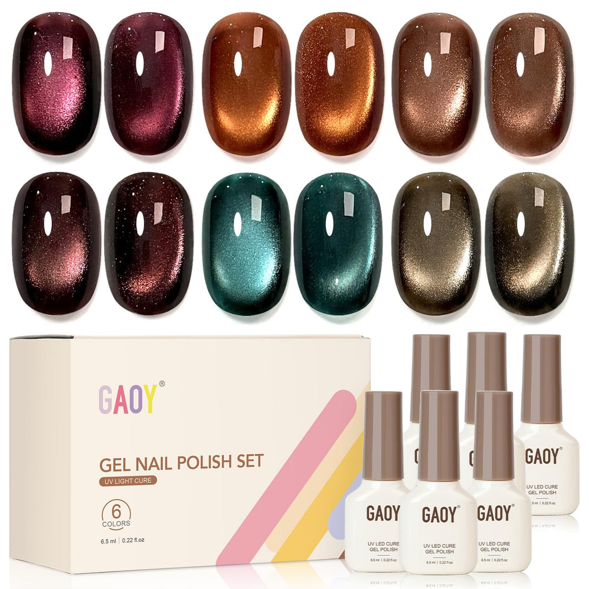 GAOY Glitter Cat Eye Set swatches showcase six shimmering colors for salon-quality nails.
