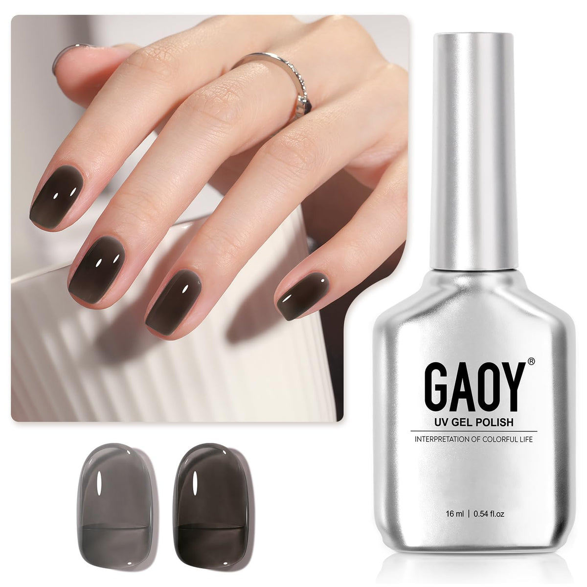 GAOY Jelly Nude Black polish bottle with sheer shade for at-home nail art flexibility.