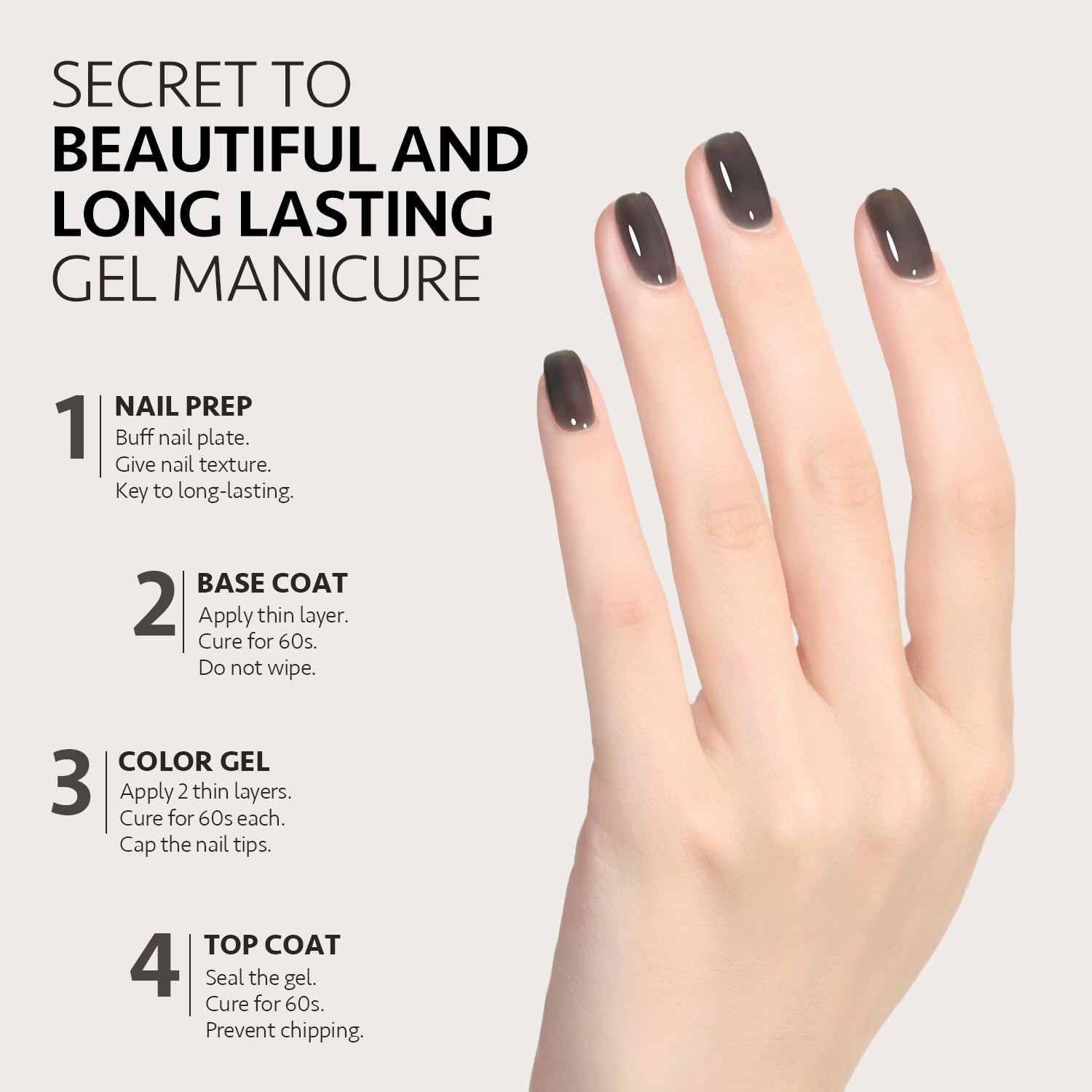 GAOY Jelly Nude Black polish with lower odor and safety-certified formula for home use.