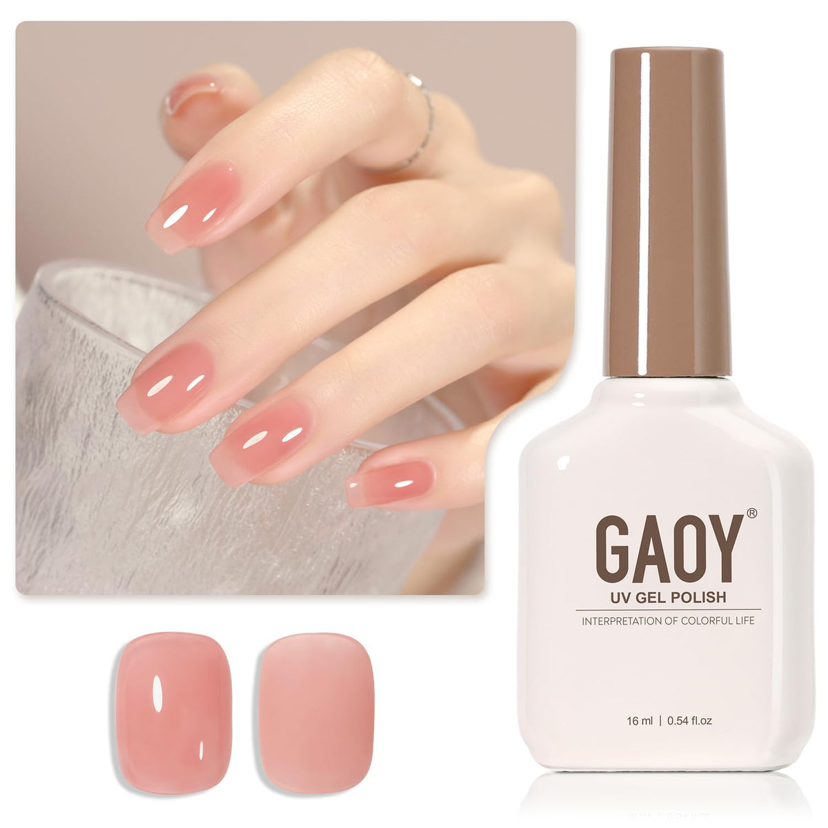 GAOY Jelly Nude Gel Polish bottle showing sheer pink tint for at-home nail art