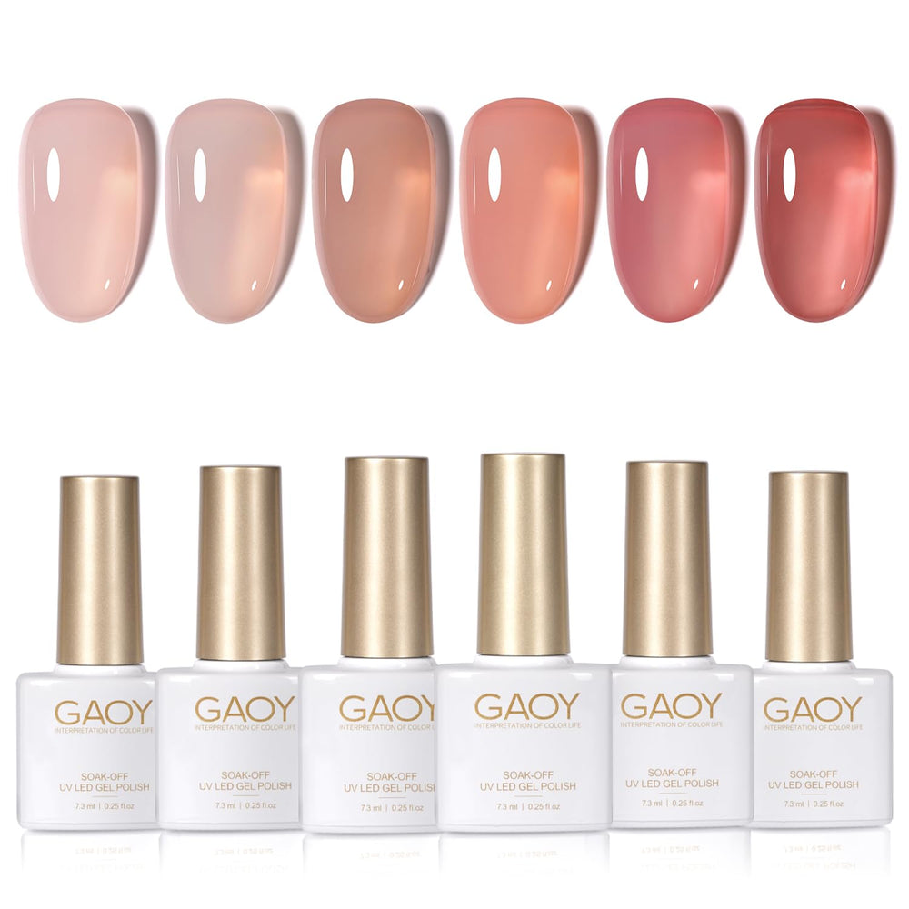 GAOY Jelly Nude gel polish palette shows six buildable nude hues for versatile nail looks.