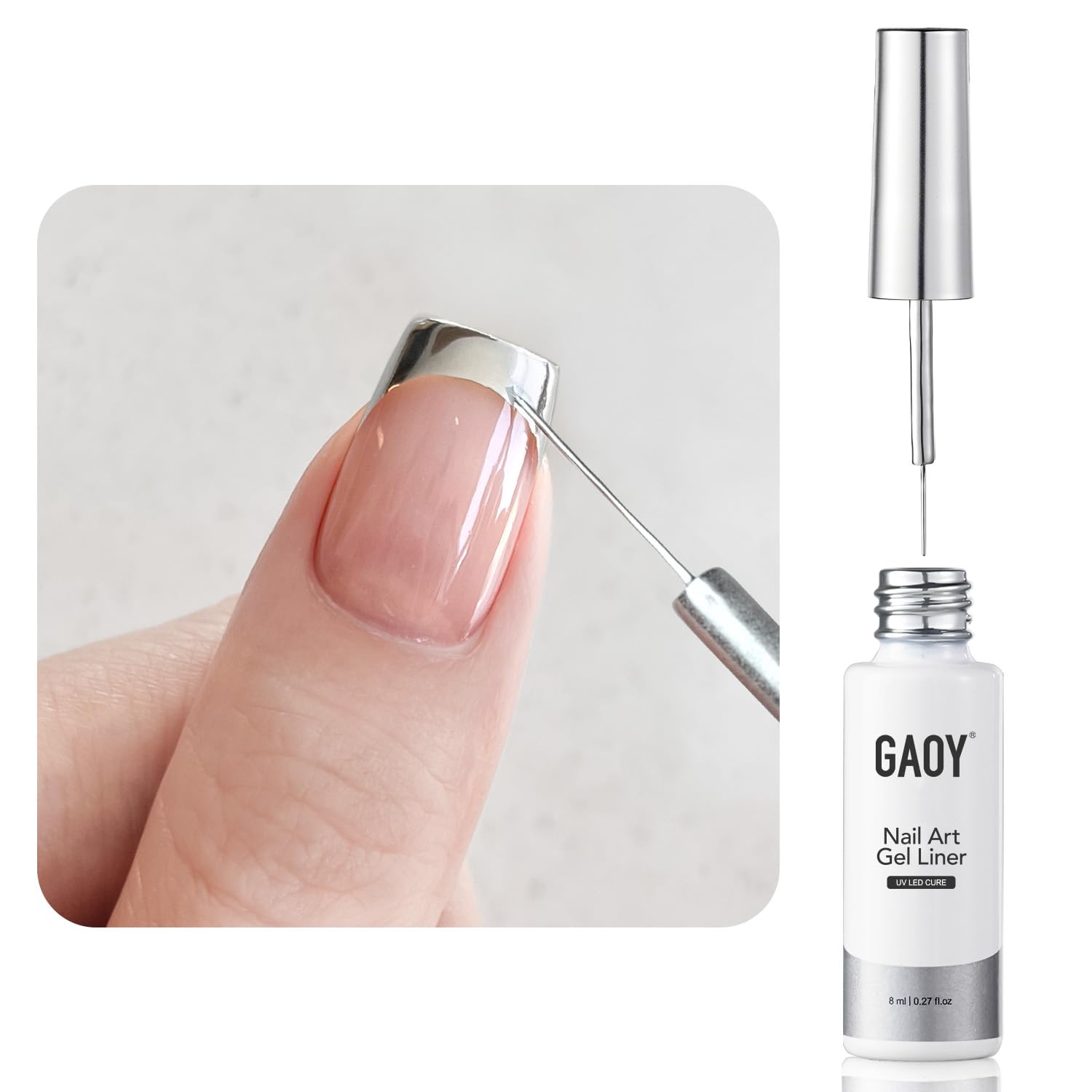 GAOY metallic-silver-gel-liner with mirror-finish for striking nails.