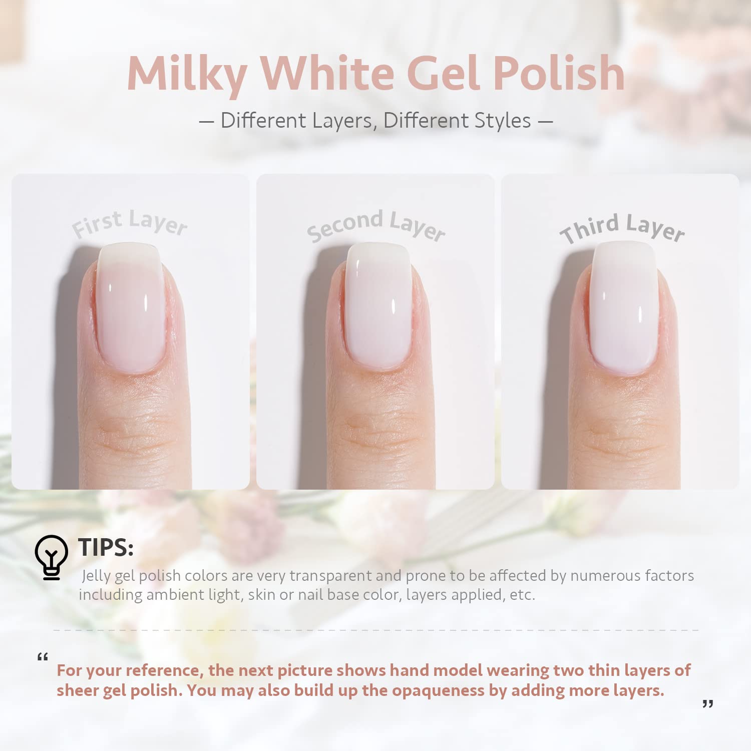 GAOY Milky White gel polish swatch layer shows buildable nude color.