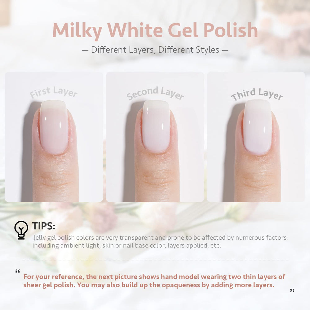 GAOY Milky White gel polish swatch layer shows buildable nude color.