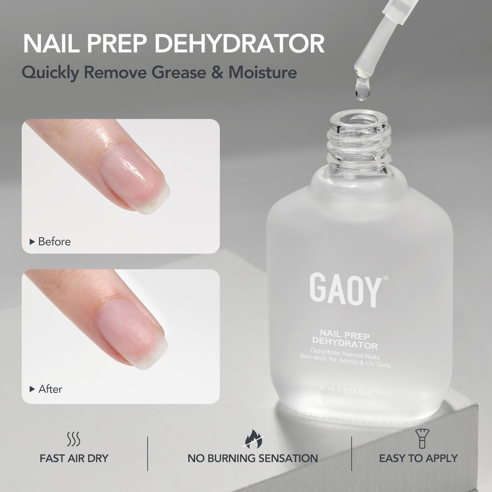 GAOY nail primer bottle close-up improves polish adhesion.