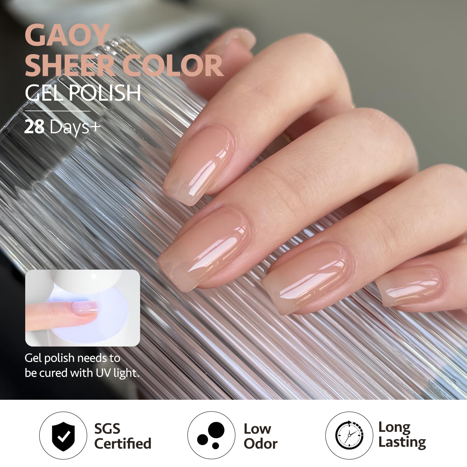 GAOY Nude Jelly Gel Polish 16ml bottle shown on a nail swatch