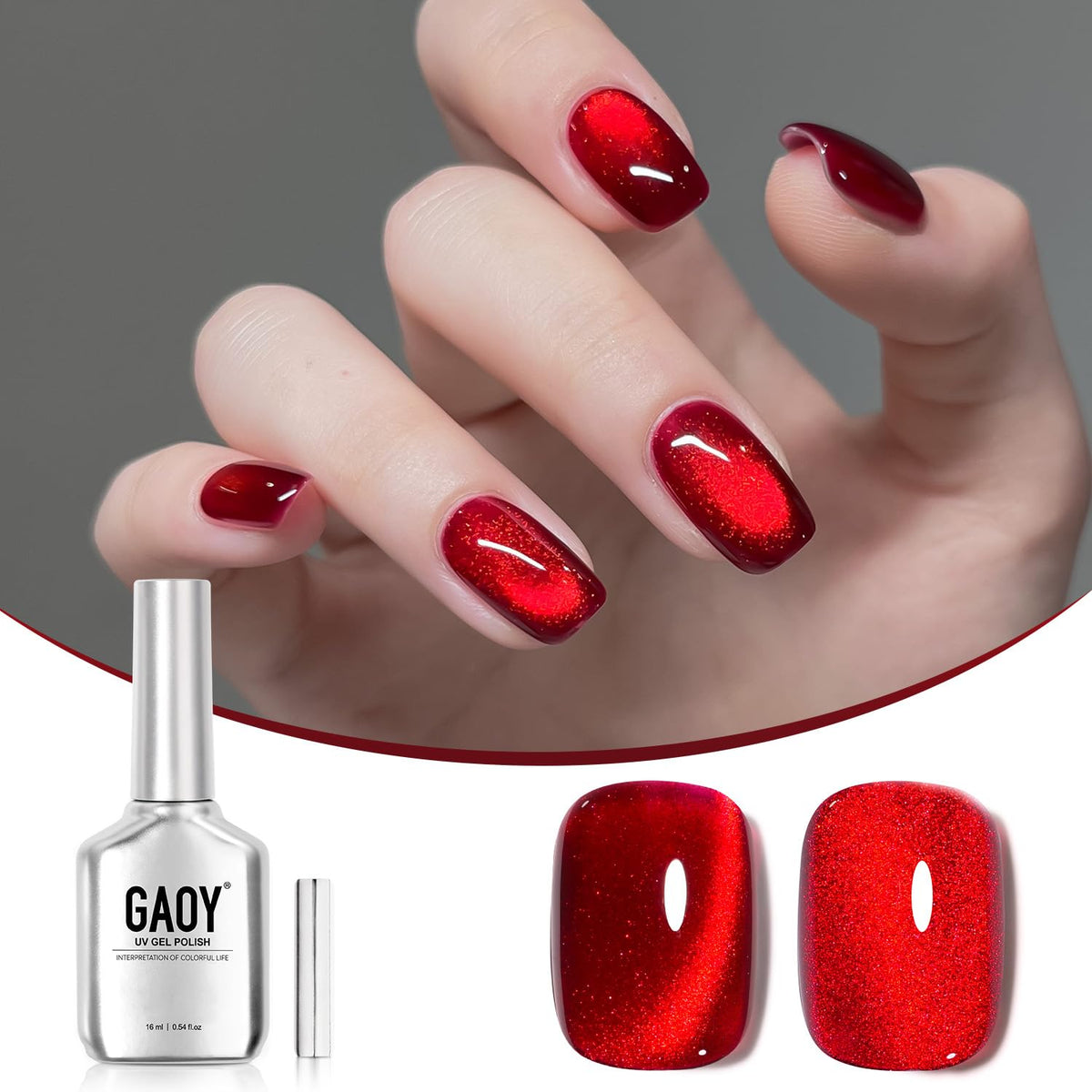 GAOY Red Cat Eye Gel Polish with magnet shows shimmering cat-eye pattern for chic nails