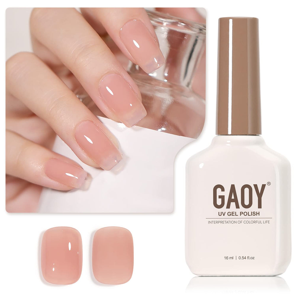 GAOY Sheer Nude Gel Nail Polish bottle and brush showing buildable jelly pink color for at-home manicure.