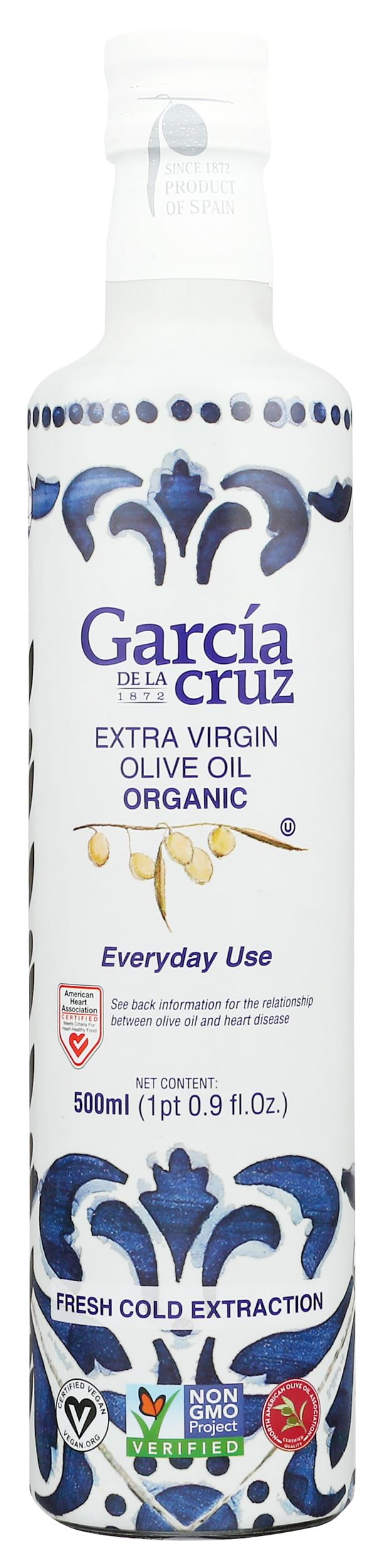 García DE LA cruz 1872 olive oil bottle close-up highlighting organic quality for everyday cooking.