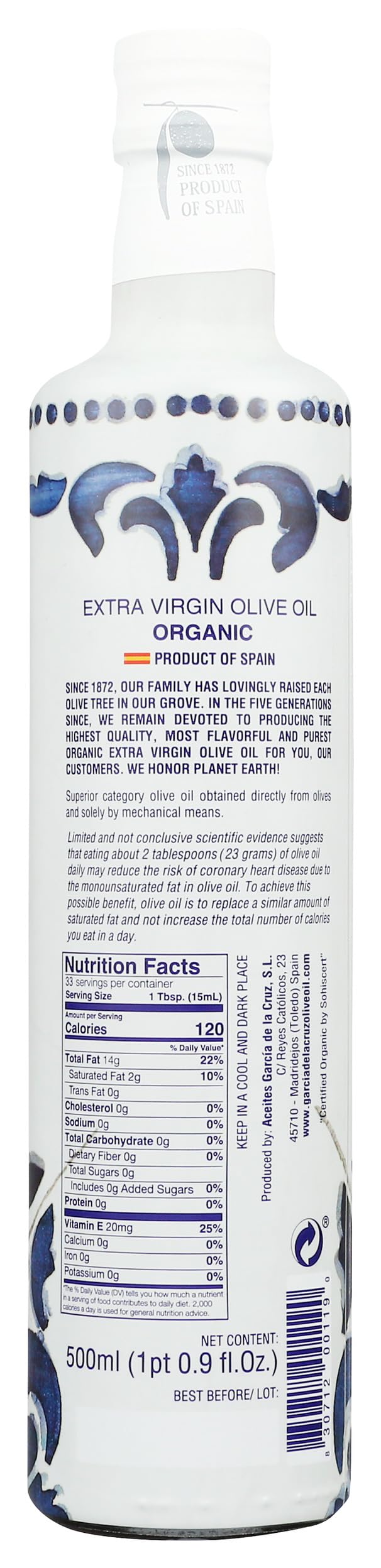 García DE LA cruz 1872 organic olive oil label shot signaling clean-label ingredients.