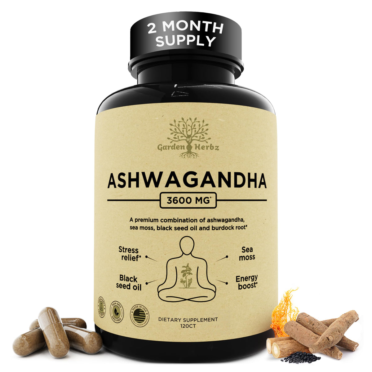 Garden of Herbz ashwa-sea-moss capsules bottle promotes calm mood and steady energy.