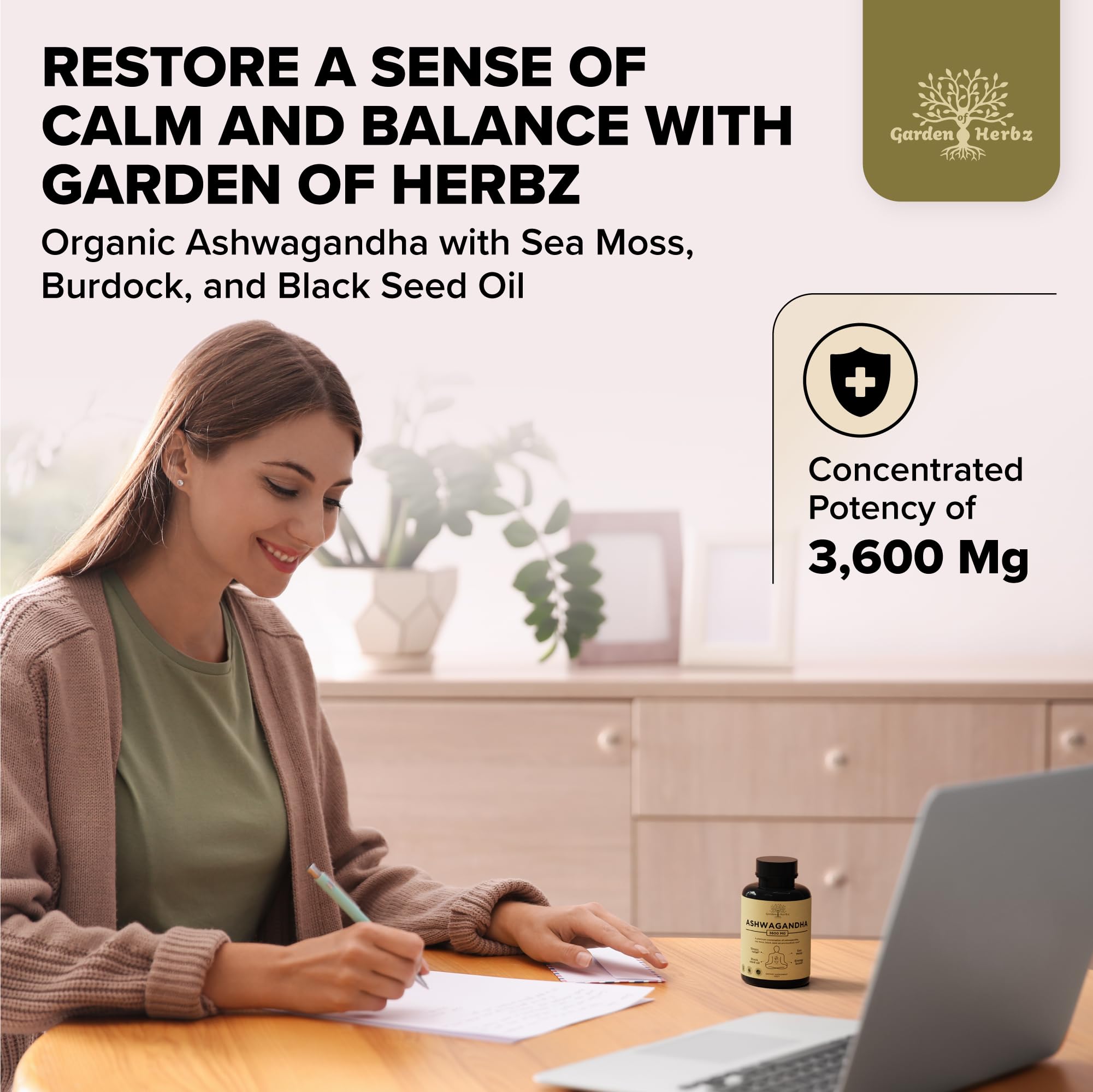 Garden of Herbz ashwa-sea-moss capsules label highlights organic blend and clean formulation.