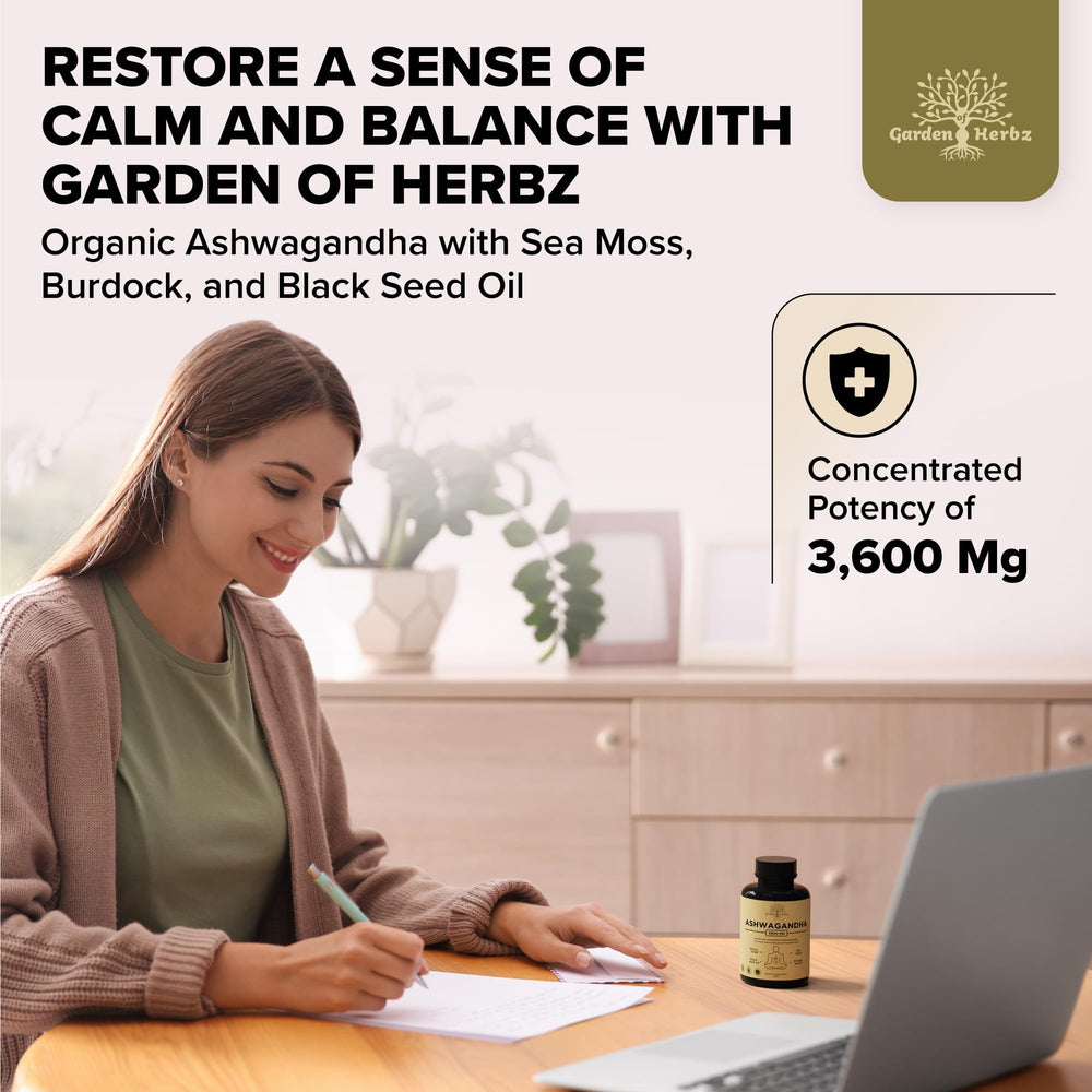 Garden of Herbz ashwa-sea-moss capsules label highlights organic blend and clean formulation.
