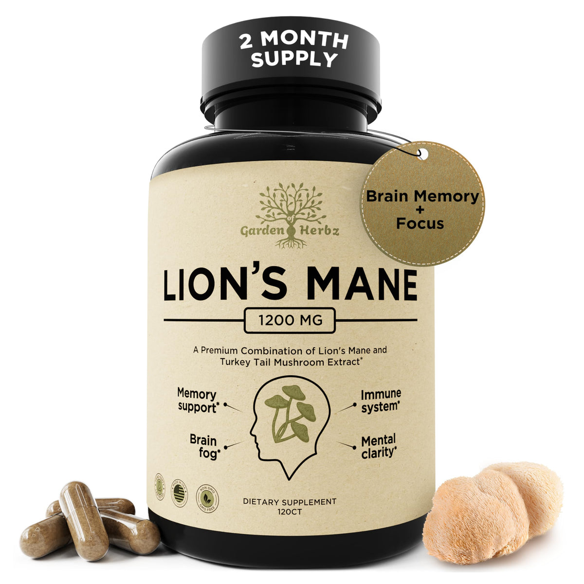 Garden of Herbz Lions Mane Turkey Tail capsules front view for memory support