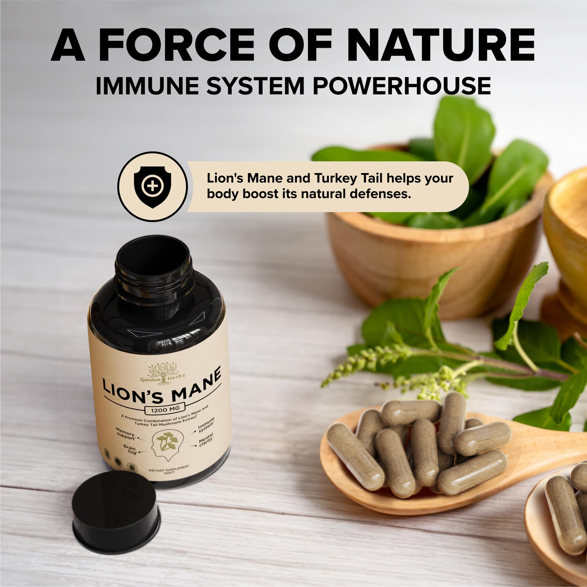 Garden of Herbz vegan non-GMO capsules on clean packaging