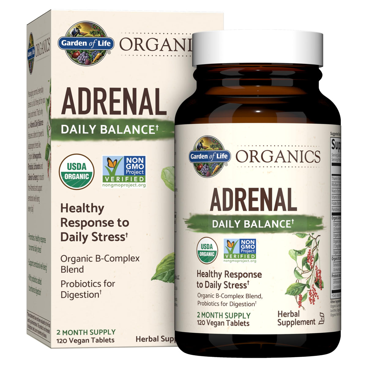 Garden of Life Adrenal Daily Balance bottle front with organic adaptogens for stress support.