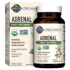 Garden of Life Adrenal Daily Balance bottle front with organic adaptogens for stress support.