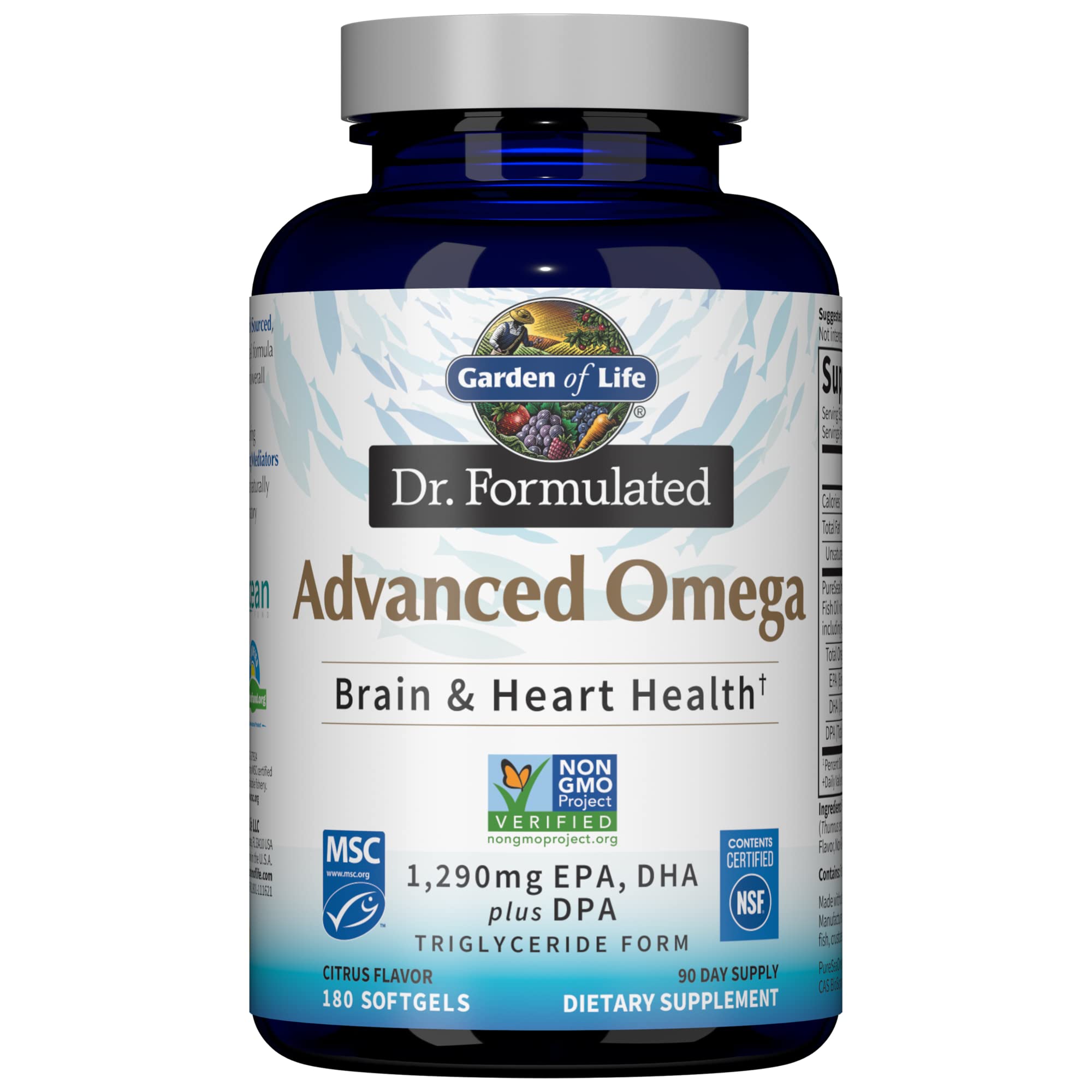 Garden of Life Advanced Omega Fish Oil bottle showing purity and heart-brain support.