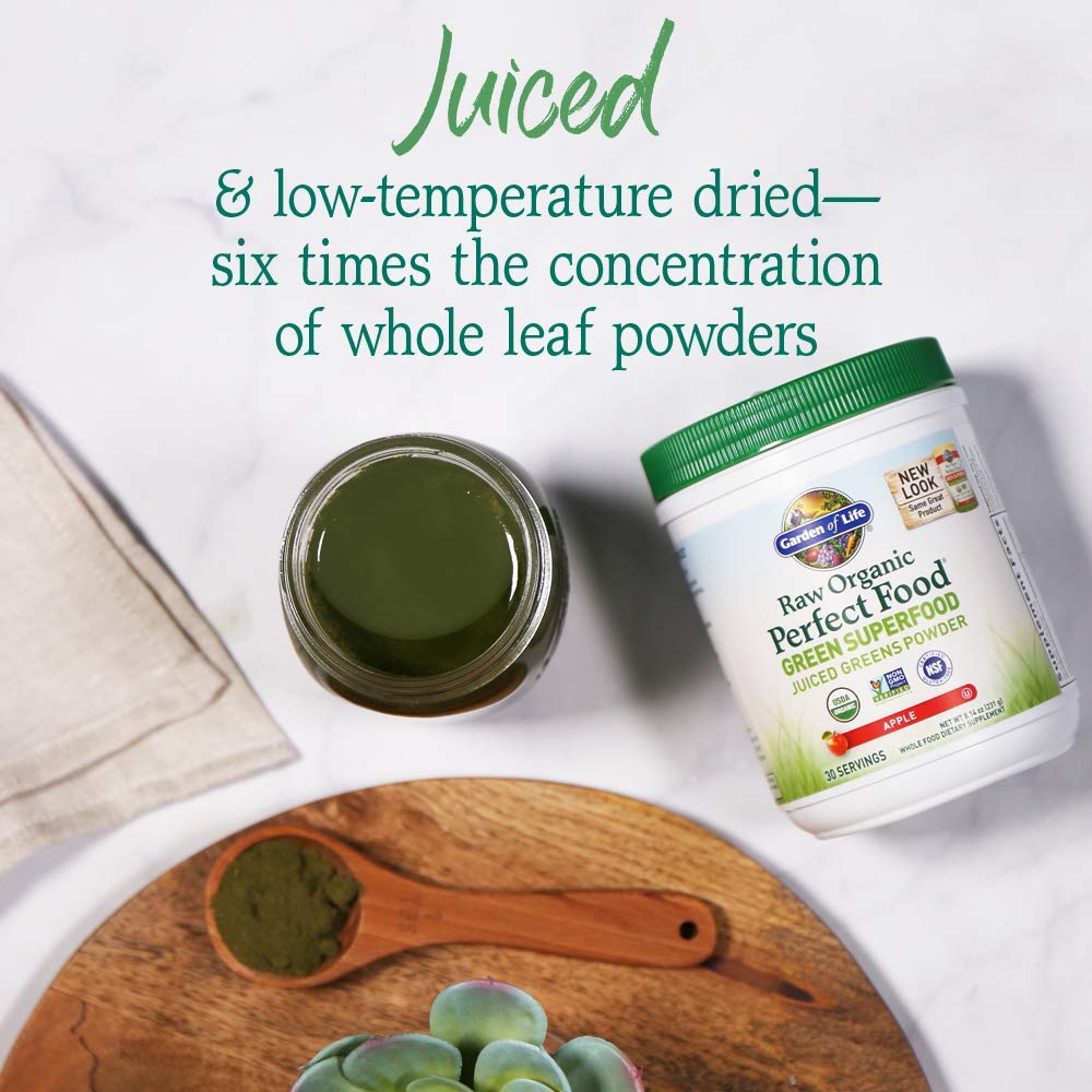 Garden of Life apple-flavored greens powder added to a glass of water