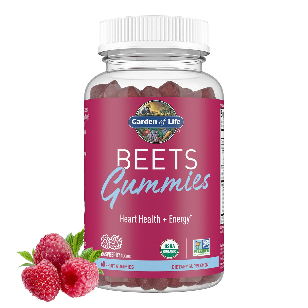Garden of Life BEETS Gummies raspberry bottle showing heart-healthy and energy-supporting formulation