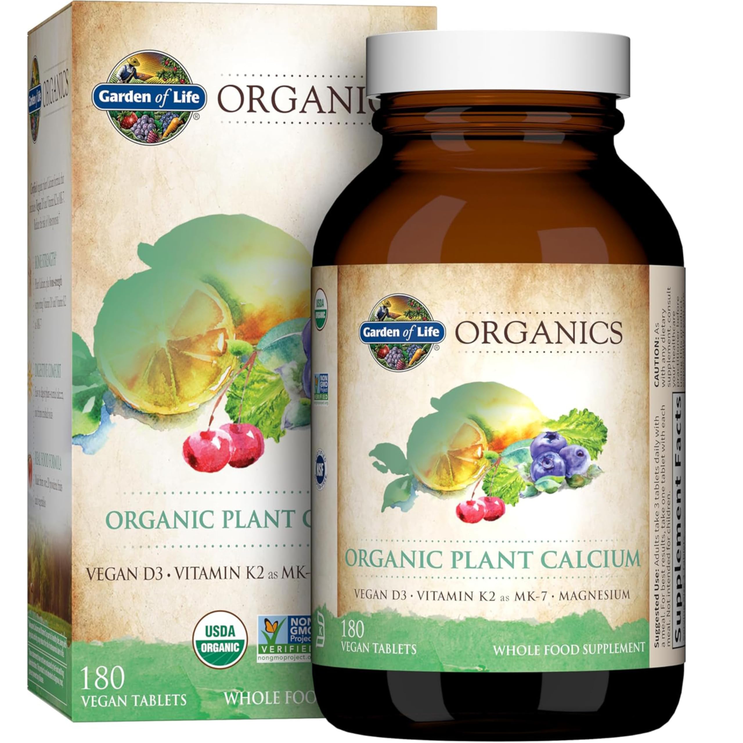 Garden of Life calcium bottle close-up shows organic ingredients and transparent labeling for daily supplementation.