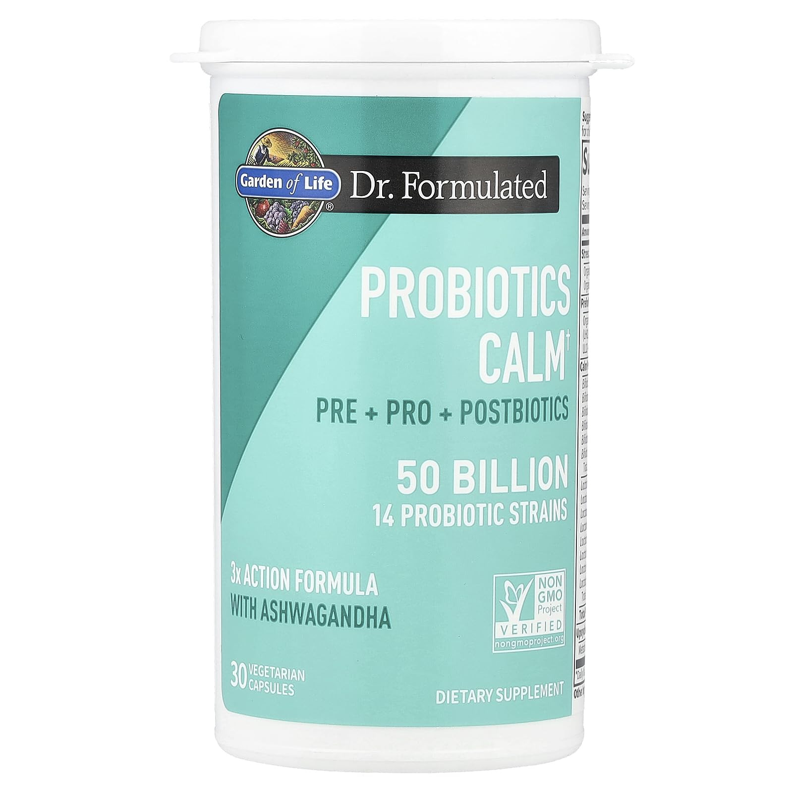 Garden of Life Calm bottle showcases organic ashwagandha and blueberry blend for stress balance.