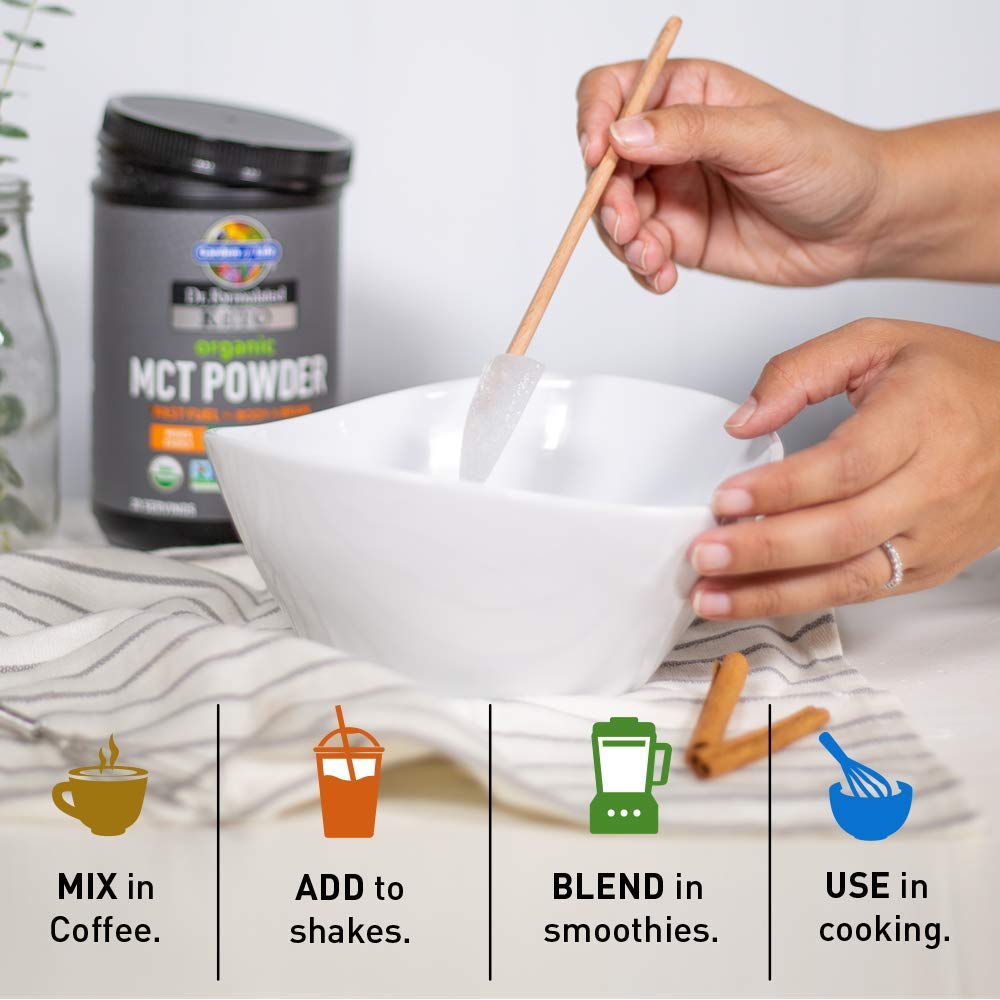 Garden of Life coffee-mix MCT powder blending into hot drink.