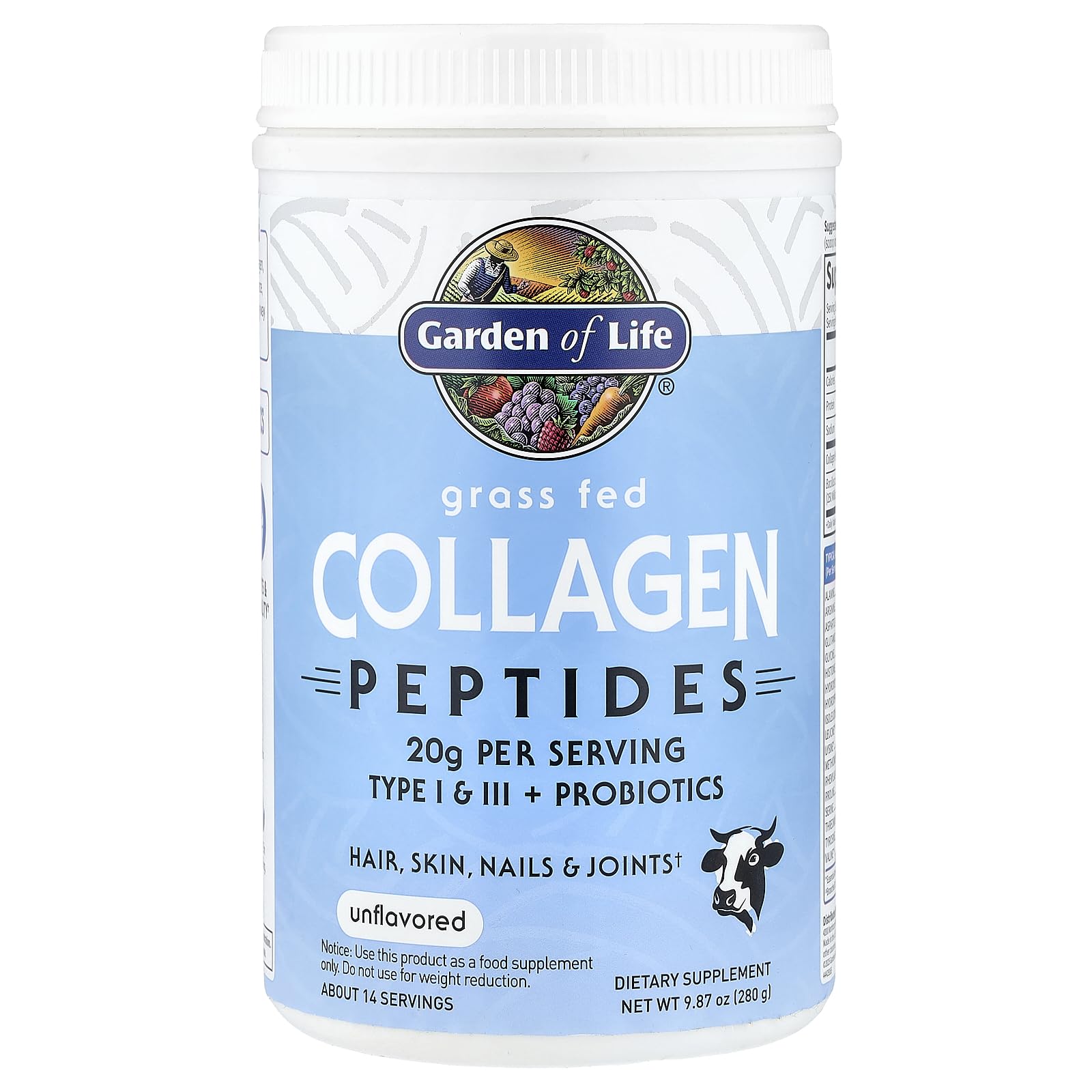 Garden of Life collagen provides 18g protein per serving for hair and nails