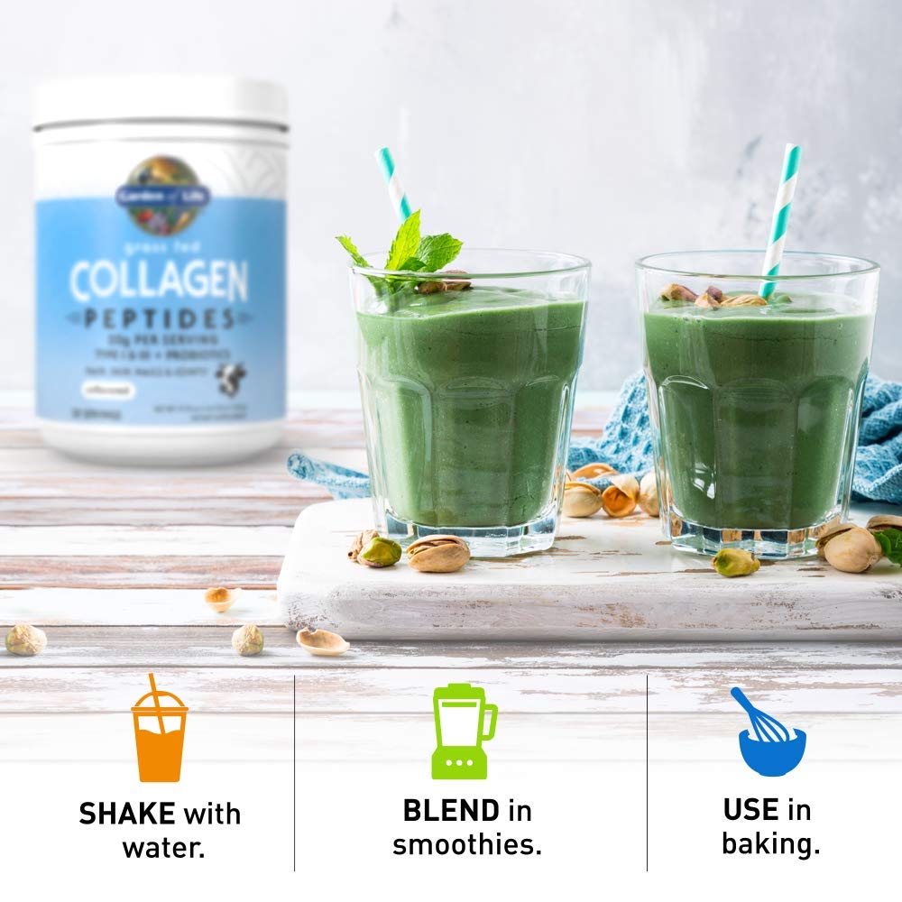 Garden of Life collagen powder with measuring scoop for easy dosing.