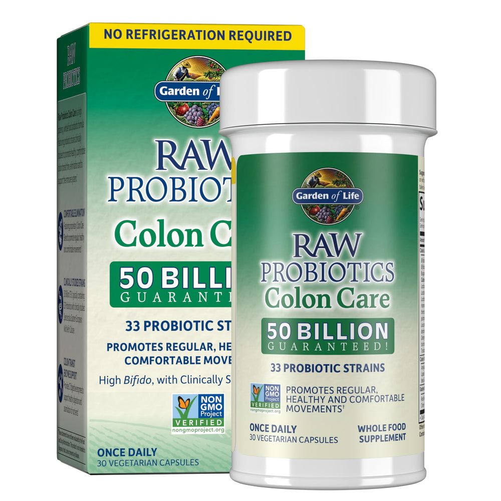 Garden of Life Colon Care bottle front highlights probiotic strength for daily wellness.