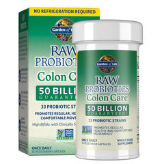 Garden of Life Colon Care bottle front highlights probiotic strength for daily wellness.