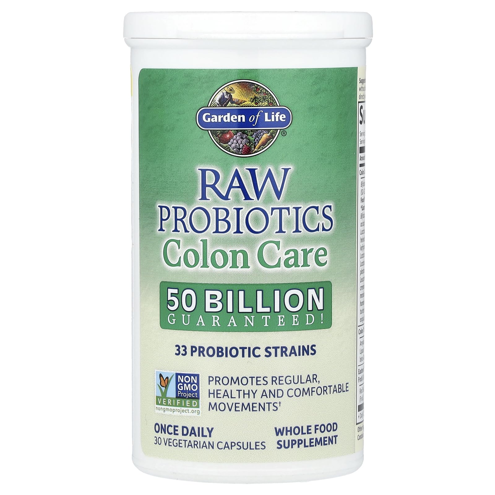Label closeup of Garden of Life Colon Care shows non-GMO gluten-free formula.