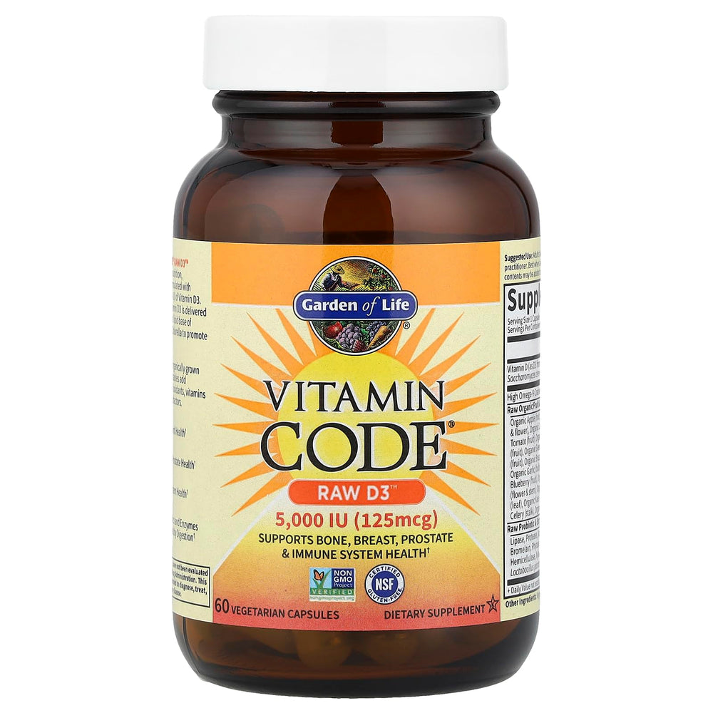 Garden of Life D3 capsules close-up emphasizes vegetarian-friendly softgels.