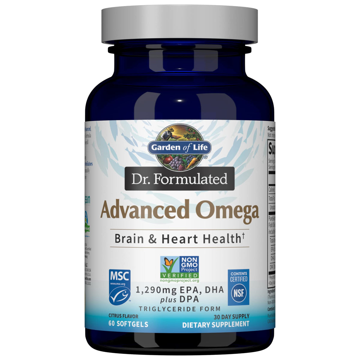 Garden of Life Dr Formulated Advanced Omega Lemon bottle highlighting sustainable sourcing for heart support