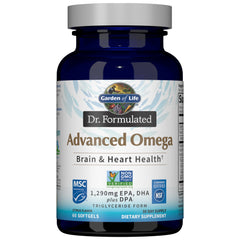 Garden of Life Dr Formulated Advanced Omega Lemon bottle highlighting sustainable sourcing for heart support