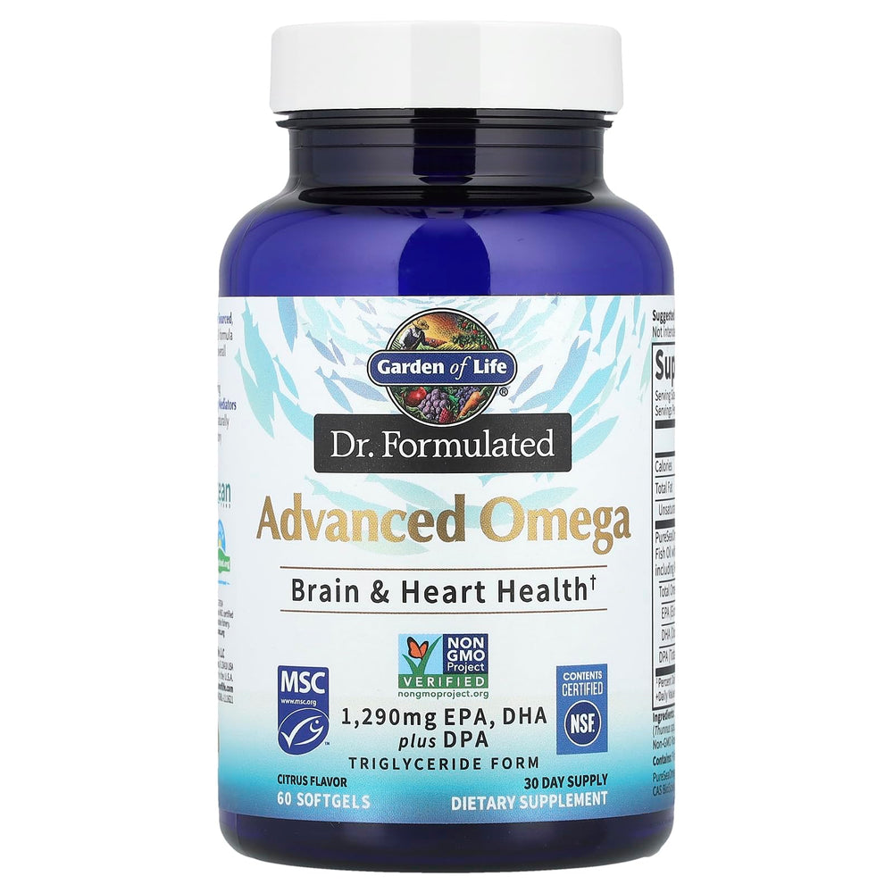 Garden of Life Dr Formulated Advanced Omega Lemon flavor splash image shows citrus taste and daily dose