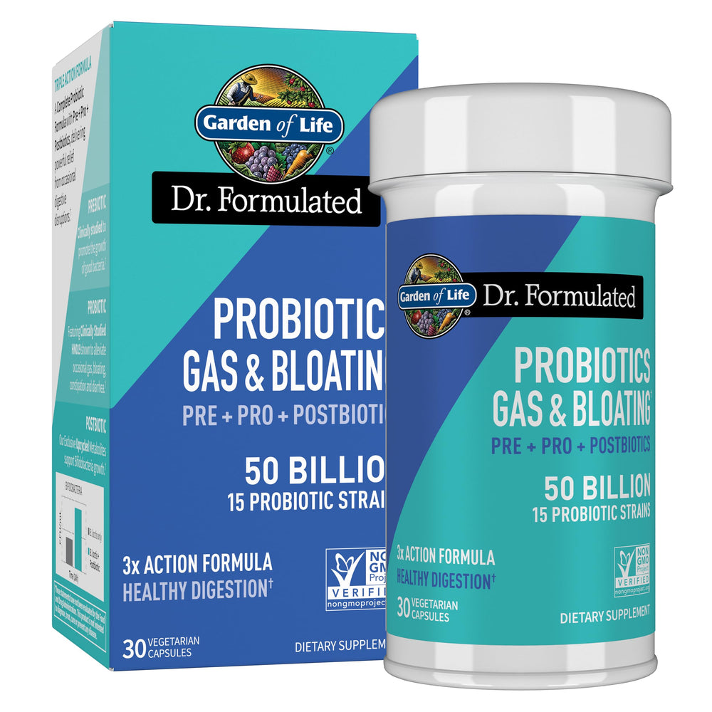 Garden of Life Dr. Formulated bottle-front displays 3-in-1 probiotic support for digestion