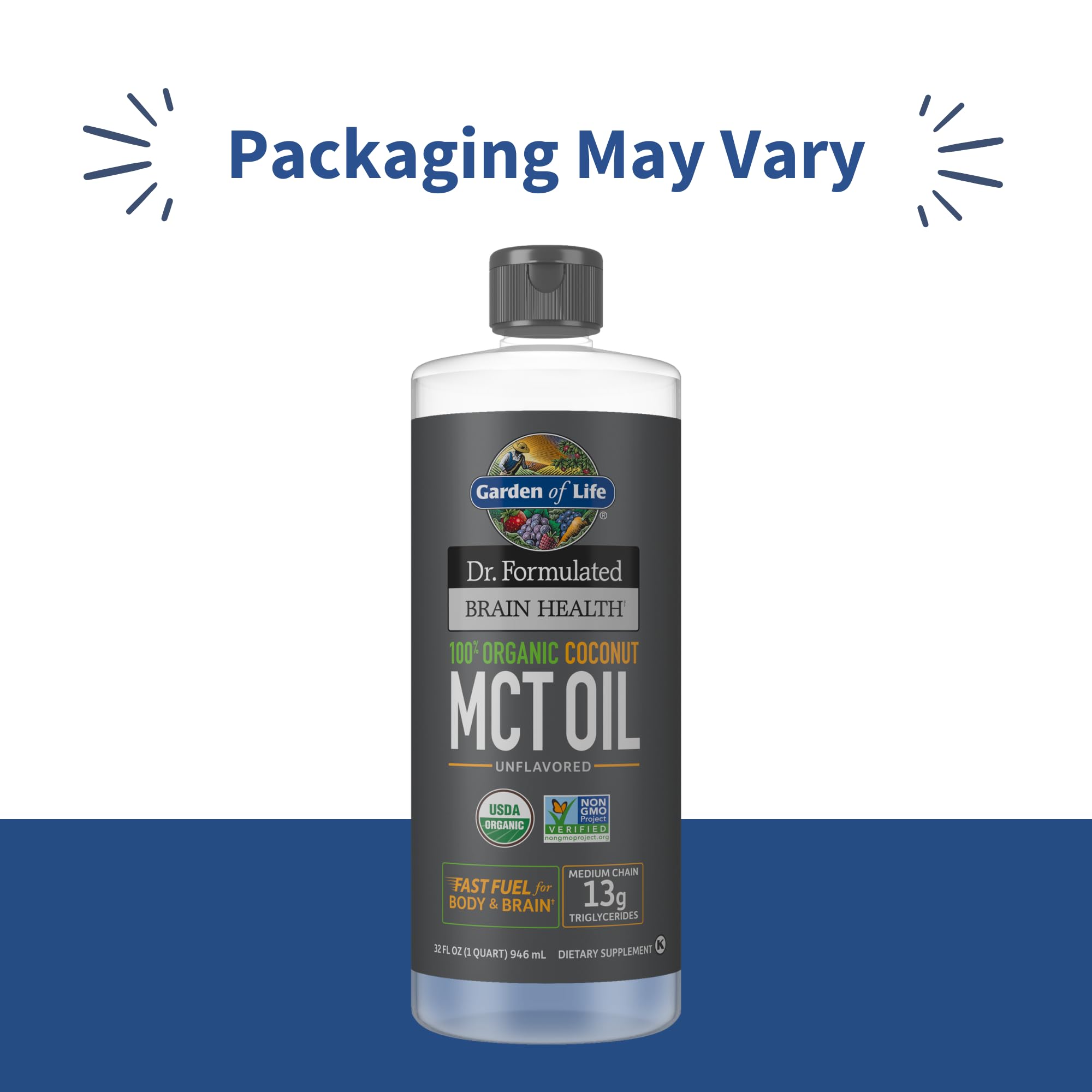 Garden of Life Dr. Formulated Brain Health MCT Oil bottle back with organic, vegan, non-GMO credentials.