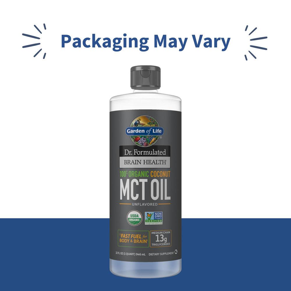 Garden of Life Dr. Formulated Brain Health MCT Oil bottle back with organic, vegan, non-GMO credentials.