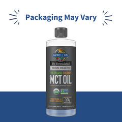 Garden of Life Dr. Formulated Brain Health MCT Oil bottle back with organic, vegan, non-GMO credentials.