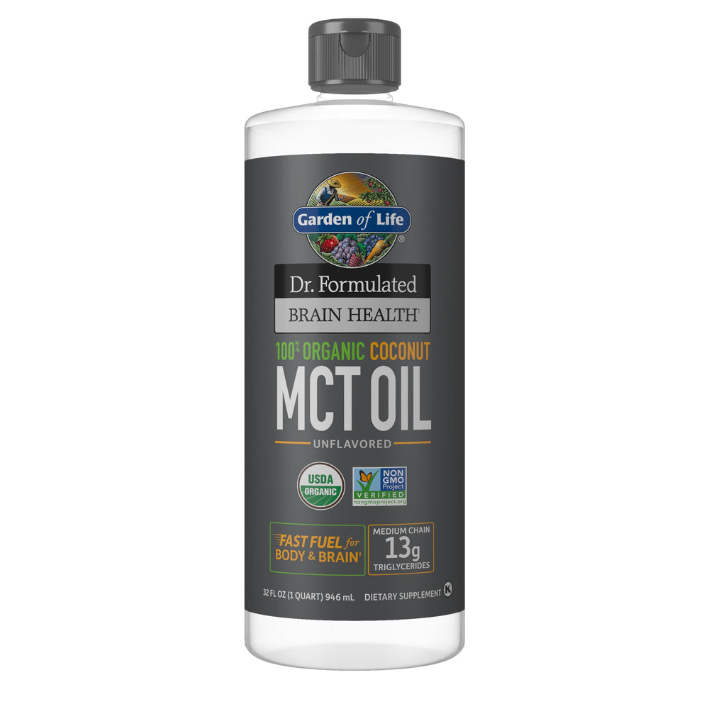 Garden of Life Dr. Formulated Brain Health MCT Oil bottle front for quick energy for body and mind.