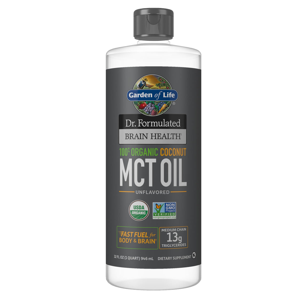 Garden of Life Dr. Formulated Brain Health MCT Oil bottle front for quick energy for body and mind.