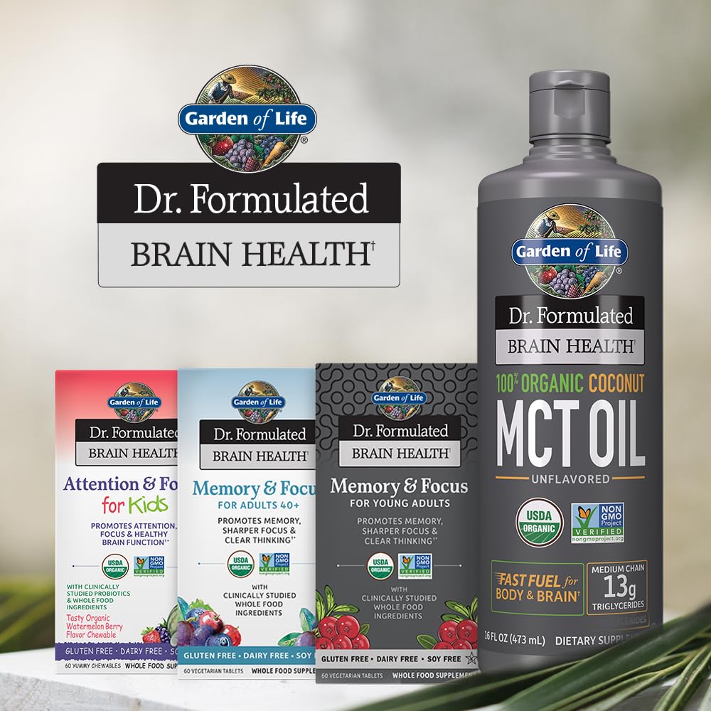 Garden of Life Dr. Formulated Brain Health MCT Oil label highlights organic, non-GMO, vegan, gluten-free.