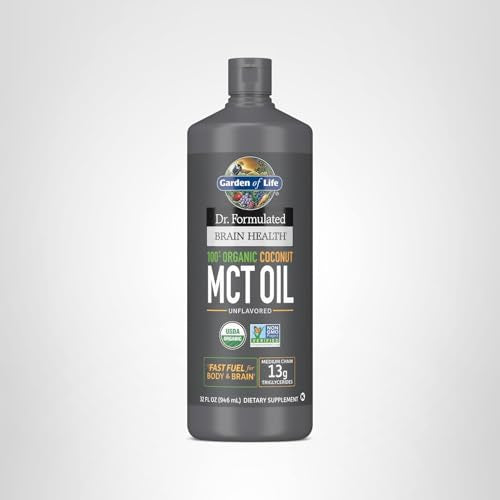 Garden of Life Dr. Formulated Brain Health MCT Oil stored in a sturdy bottle for freshness.