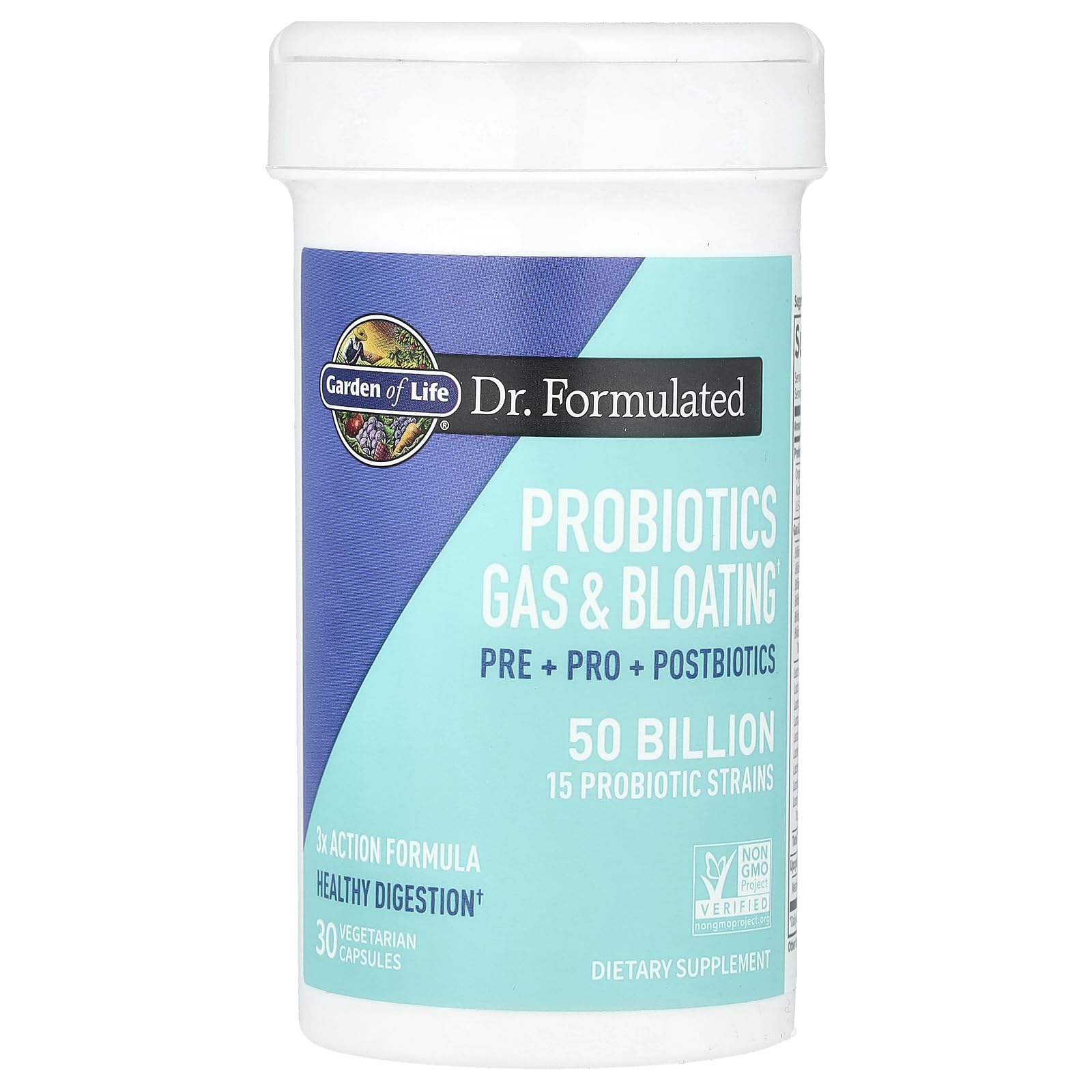 Garden of Life Dr. Formulated label-detail highlights 50B CFU and 15 probiotic strains