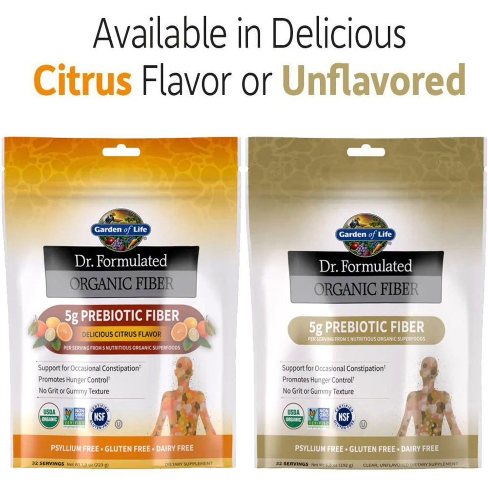 Garden of Life Dr. Formulated Organic Fiber on kitchen counter ready for daily routine.