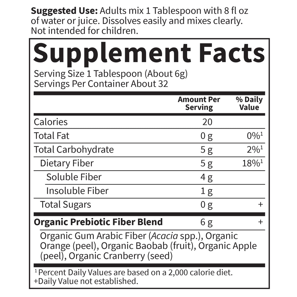 Garden of Life Dr. Formulated Organic Fiber label displaying organic, gluten-free, and kosher certifications.