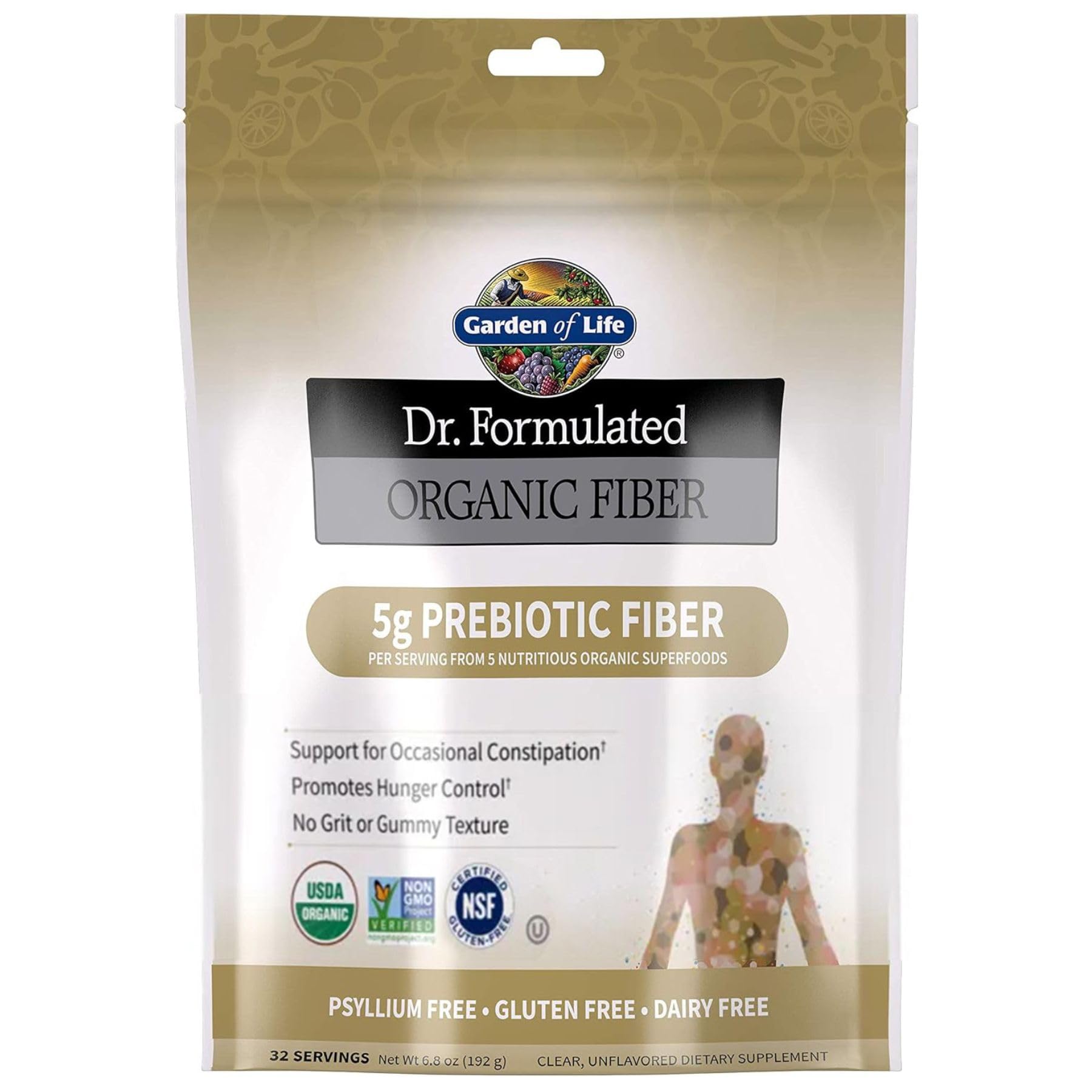 Garden of Life Dr. Formulated Organic Fiber powder bottle supports gentle daily digestion.