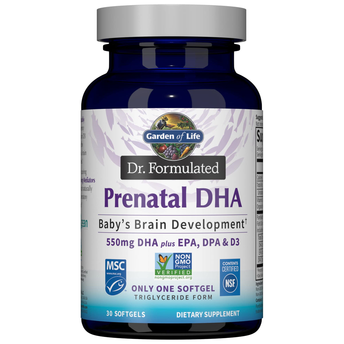 Garden of Life Dr. Formulated Prenatal DHA bottle showing daily omega-3 support for prenatal wellness.