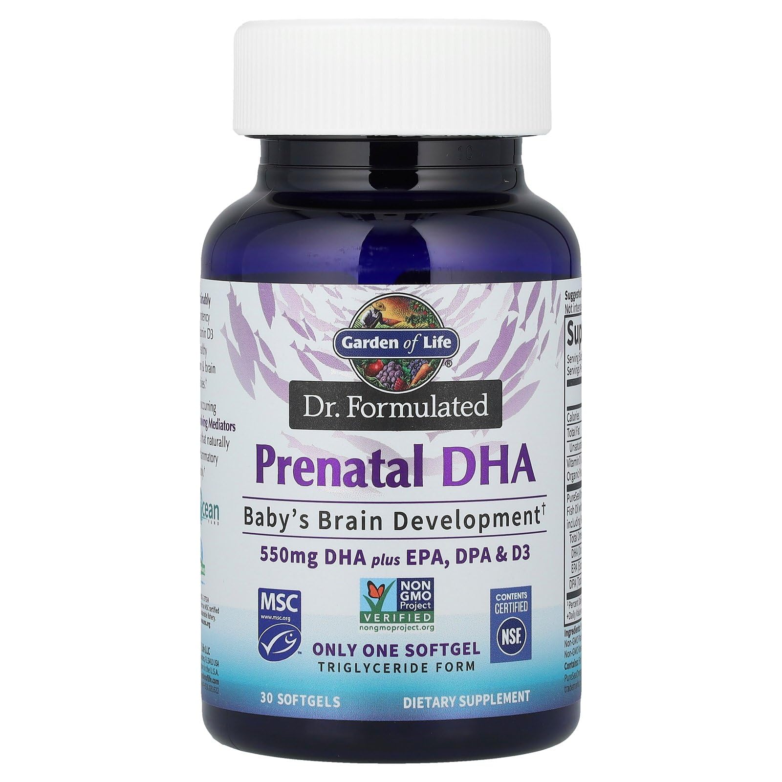 Garden of Life Prenatal DHA label highlighting DHA, EPA, DPA and vitamin D3.
